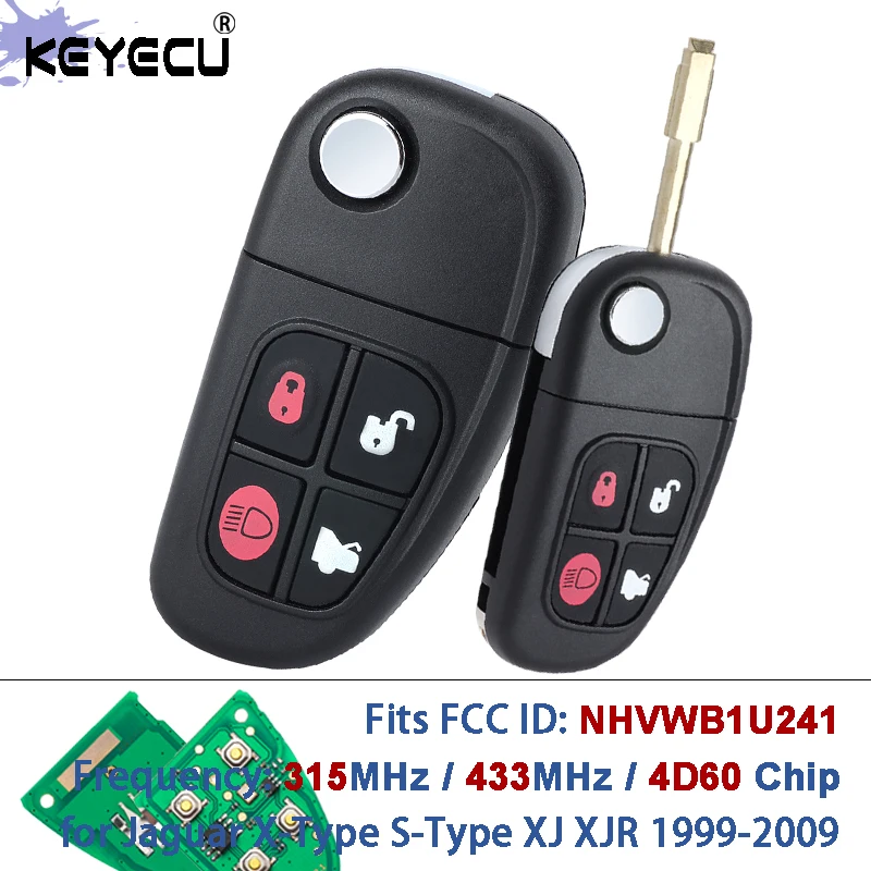 

KEYECU NHVWB1U241 315/433 МГц 4D60 Чип Автомобильный выкидной ключ-брелок для Jaguar X-Type S-Type 1999-2009 XJ XJR 2002-2008