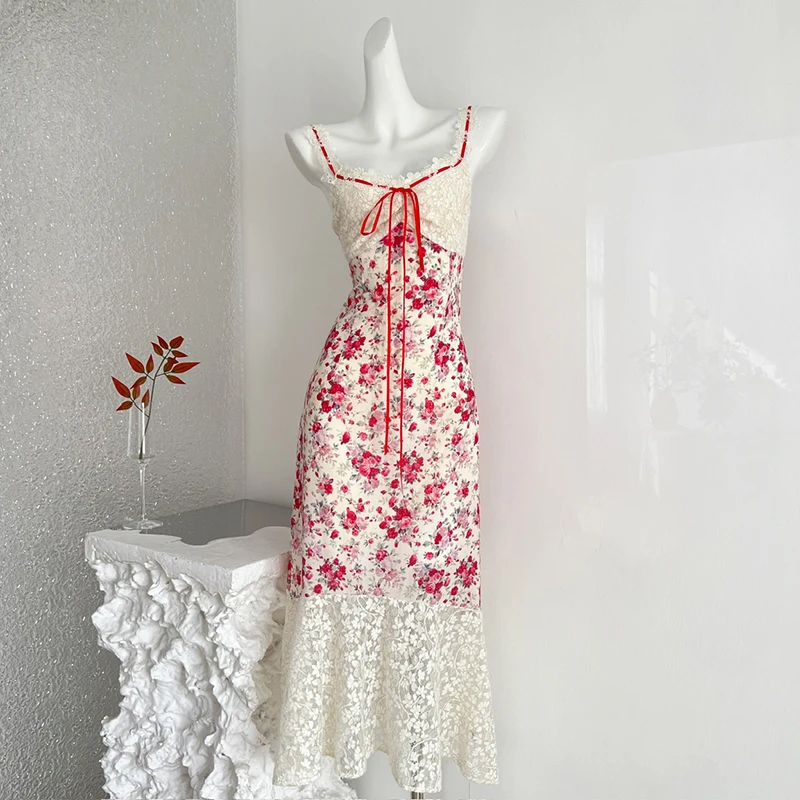 Women Summer Floral Sleeveless Maxi Dress 2026 Boho Mesh Spaghetti Strap Flowy Beach Wedding Guest Long Dresses Lace Hollow Out