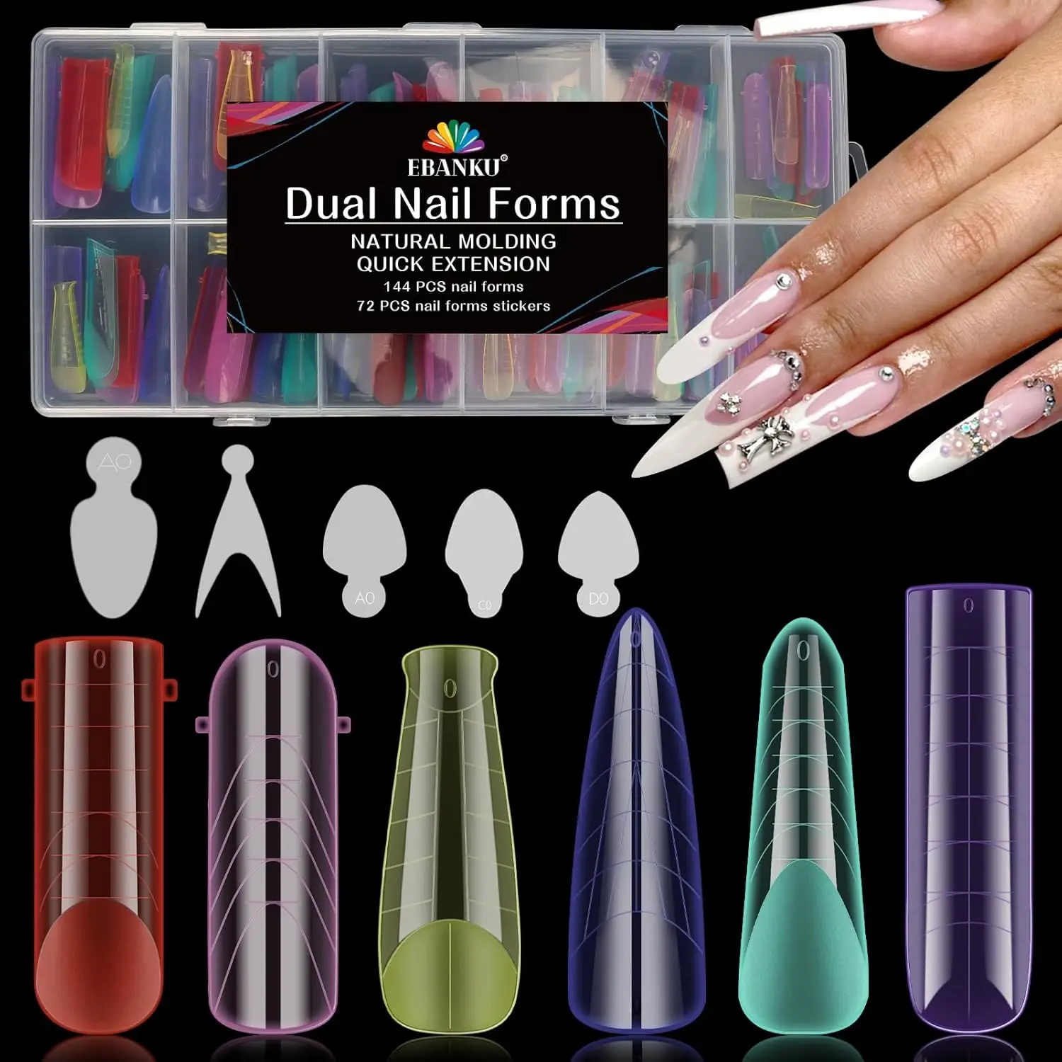 

Ebanku 144Pcs False Nail System Dual Nail Forms, Reusable Nail Dual Form Kit Nail Forms Acrylic Nail Tips with 72 French Nail Tips (6 Styles) Adhesive Silicone Pads for French Nail Extension - 12 Sizes, 144Pcs