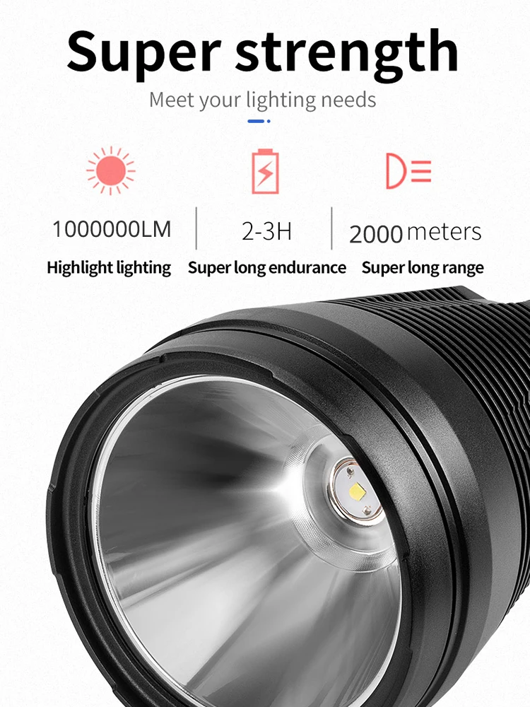 Super Large powerful Flashlight 1000000 lumens LED torch Tactical Flashlights 10000mah Hunting Camping Lantern Long Shot 2000m