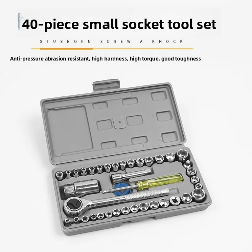 40-Piece Tool Set with Sockets, Wrenches, Ratchet, and Hex Key Combination for Car and Motorcycle Repair