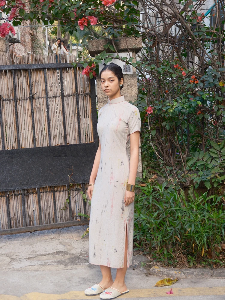 

Хлопково-льняное платье-футляр средней длины с длинными рукавами, винтажное, дышащее, с цветочным узором, для повседневной носки