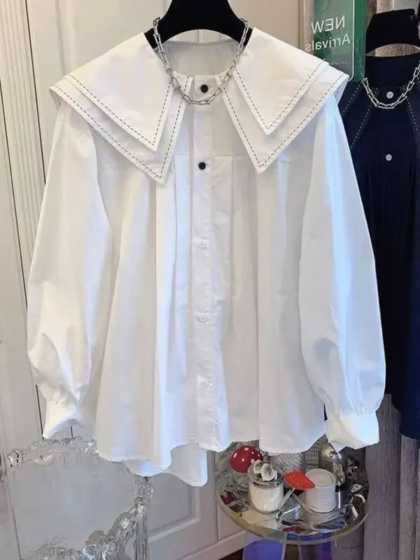 Lantern Sleeve Shirts Femme Double Layered Doll Collar Y2k White Blouse Blusas Mujer De Moda Vintage Pleated Tops Spring Autumn