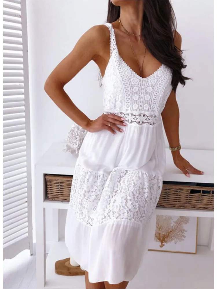 Women Boho Sexy Backless Midi Dress 2025 Summer Fashion Spaghetti Strap White Lace Patchwork Casual Beach Sleeveless Dresses