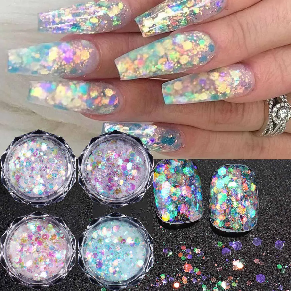 Paillettes hexagonales irisées effet rêve de sirène, flocons caméléon brillants, poudre holographique scintillante, décorations d'ongles estivales