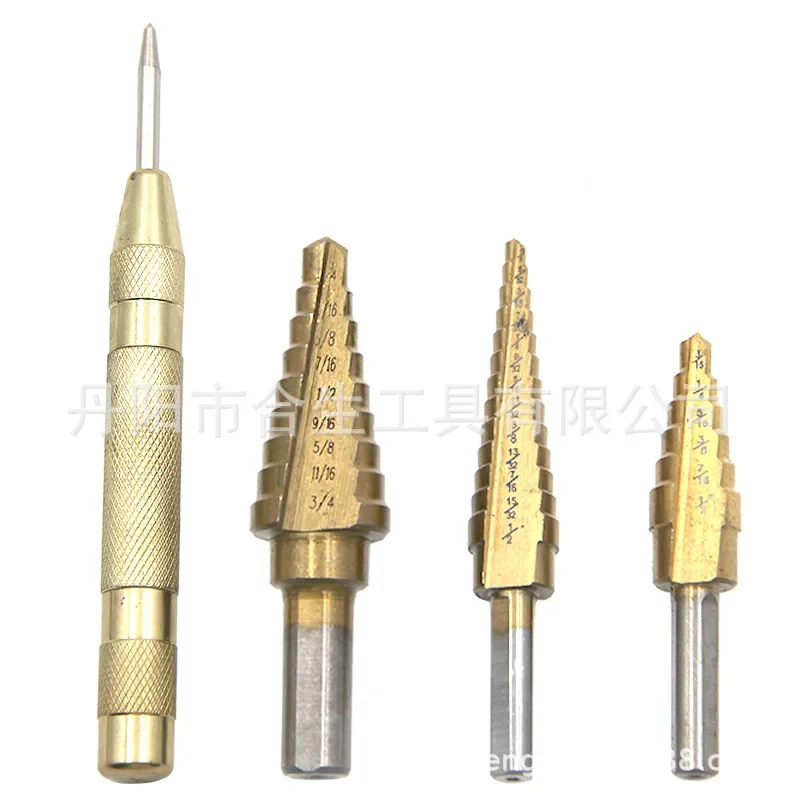 Triangular shank imperial straight groove titanium plated step drill set small 3pc gold center punch window opener set