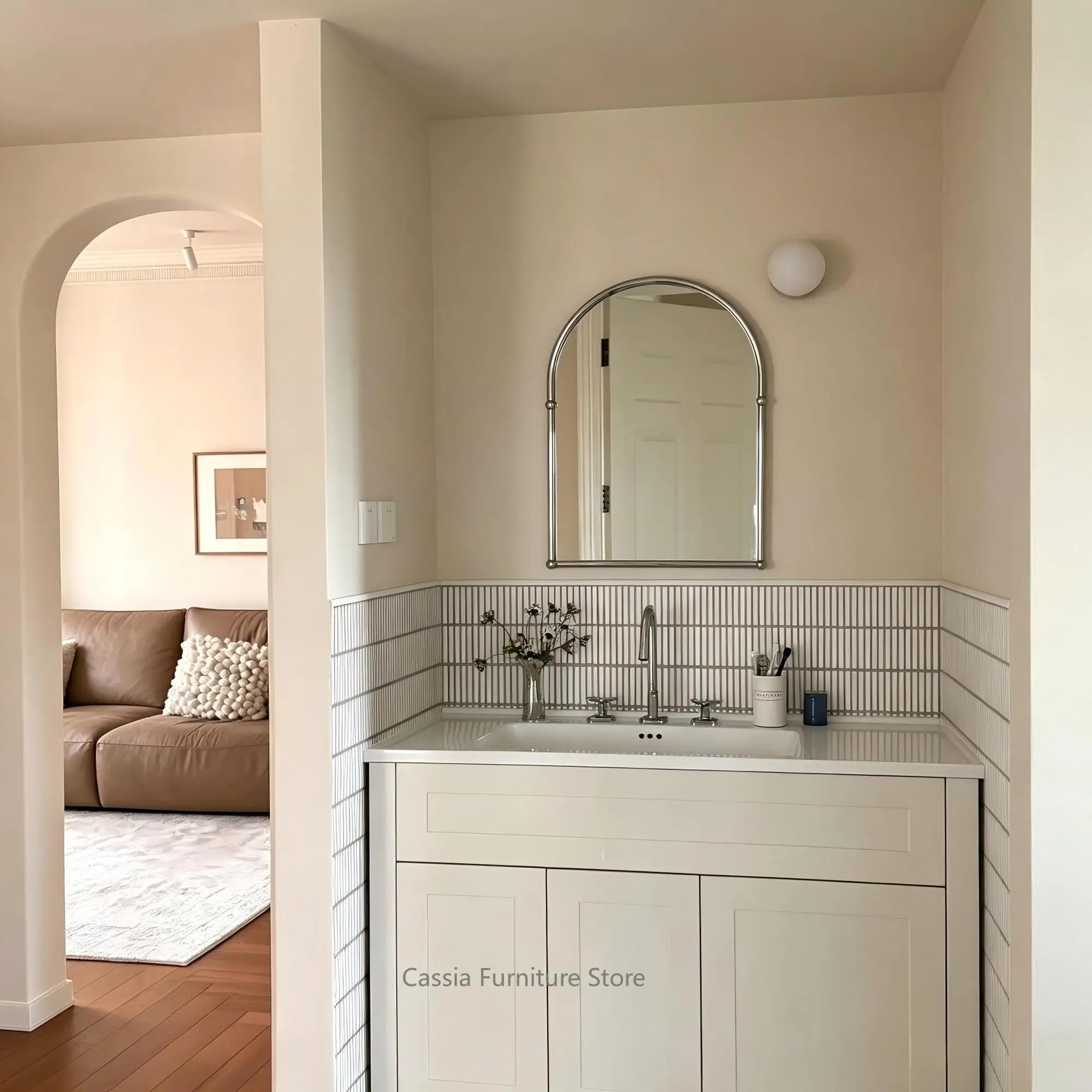 Light Luxury Silver Arch Mirror for Bathroom & Entryway, French Vintage Wall-Mounted Vanity Mirror