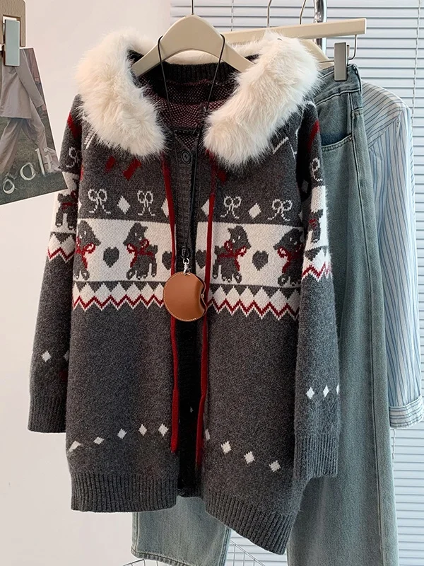 لينة Thiened الخريف الشتاء تصميم الإحساس المرأة تريكو سترة سترة معطف مع الفراء طوق مطرزة فضفاضة تناسب #4