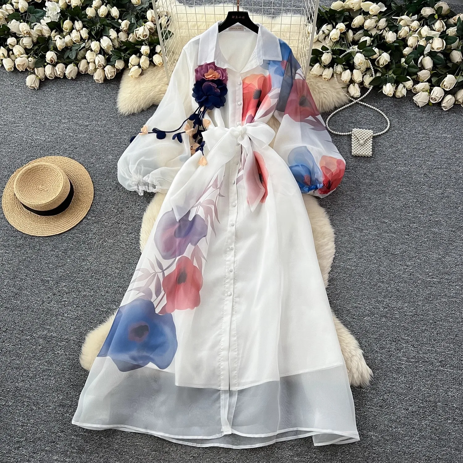 

2025 Spring Summer Bohemian Dress Women's Lantern Sleeve Single Breasted Floral Print Belt Chiffon Robe Casual Party Maxi Dress