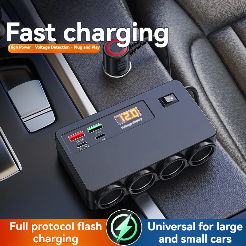 Multi-Port QC3.0 PD Autoladegerät-Adapter, 4 Erweiterungsanschlüsse, 12–24 V, Autostecker, intelligenter Shunt zum schnellen Laden