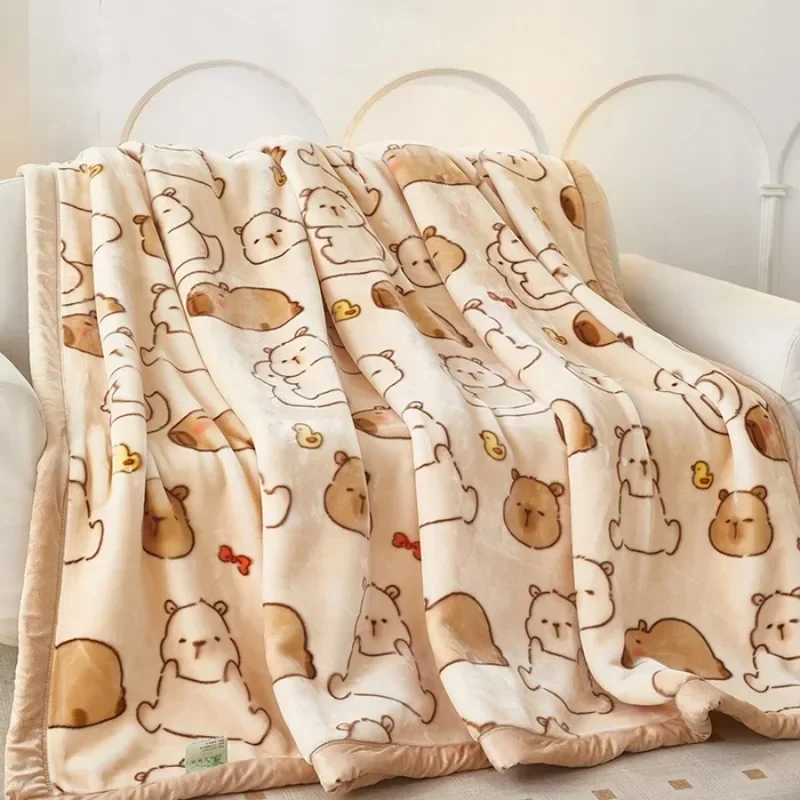 Luxury Thickened Raschel Blanket for Bed Sofa Double Layer Thick Warm Autumn Winter Comforter Cute Capybara Soft Plush Blanket