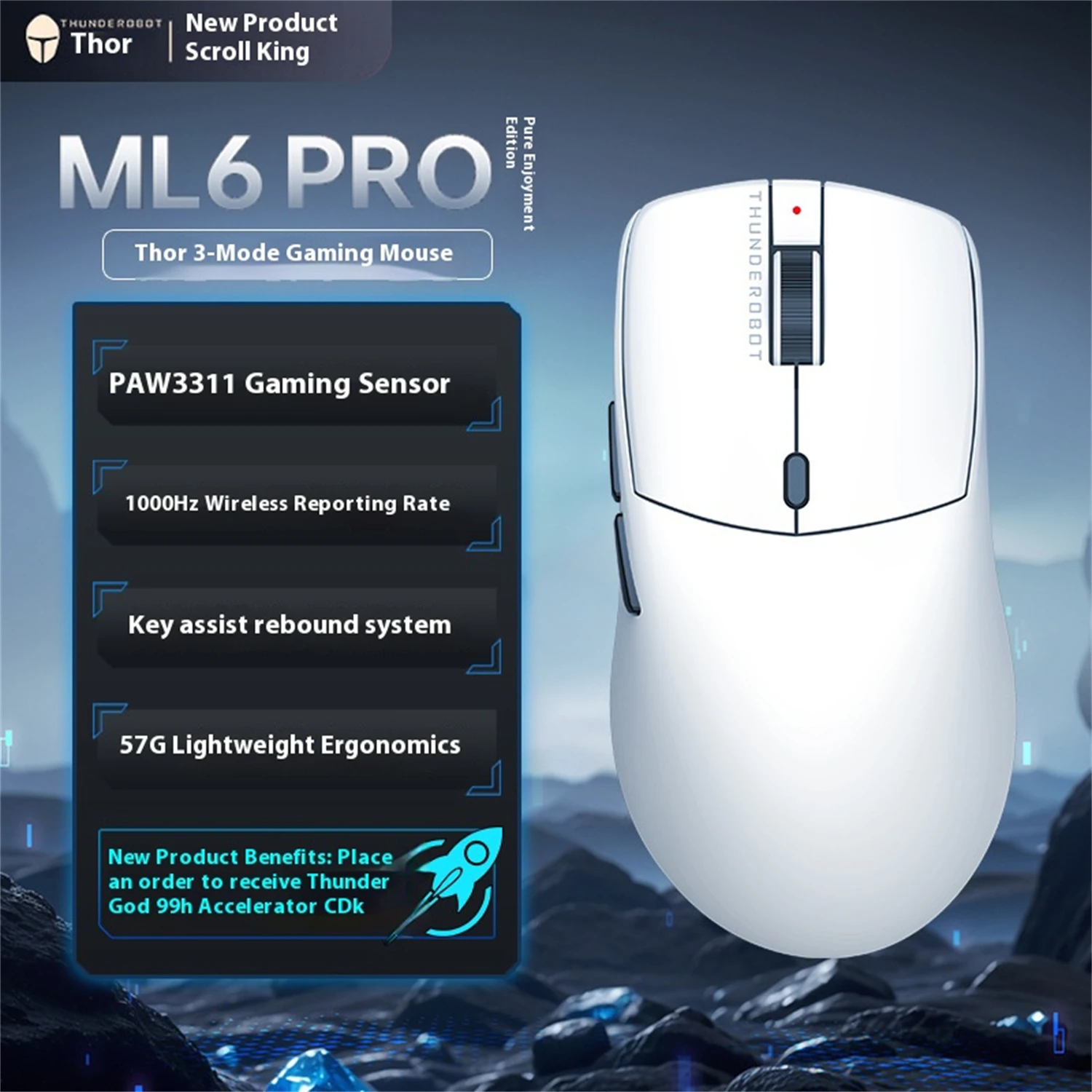 

ML6Pro Gaming Mouse/PAW3311 E - sports Sensor/3 - Mode Connectivity/57G Lightweight/1000Hz Wireless Polling Rate/Button Rebound