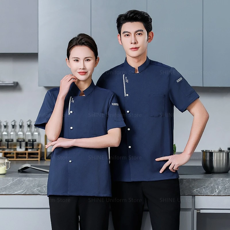 Restaurant Short Sleeve Chef Shorts Jacket Kitchen Breathable Chef Coat Summer Men Black Chef Uniform Apron Work Clothes Logo