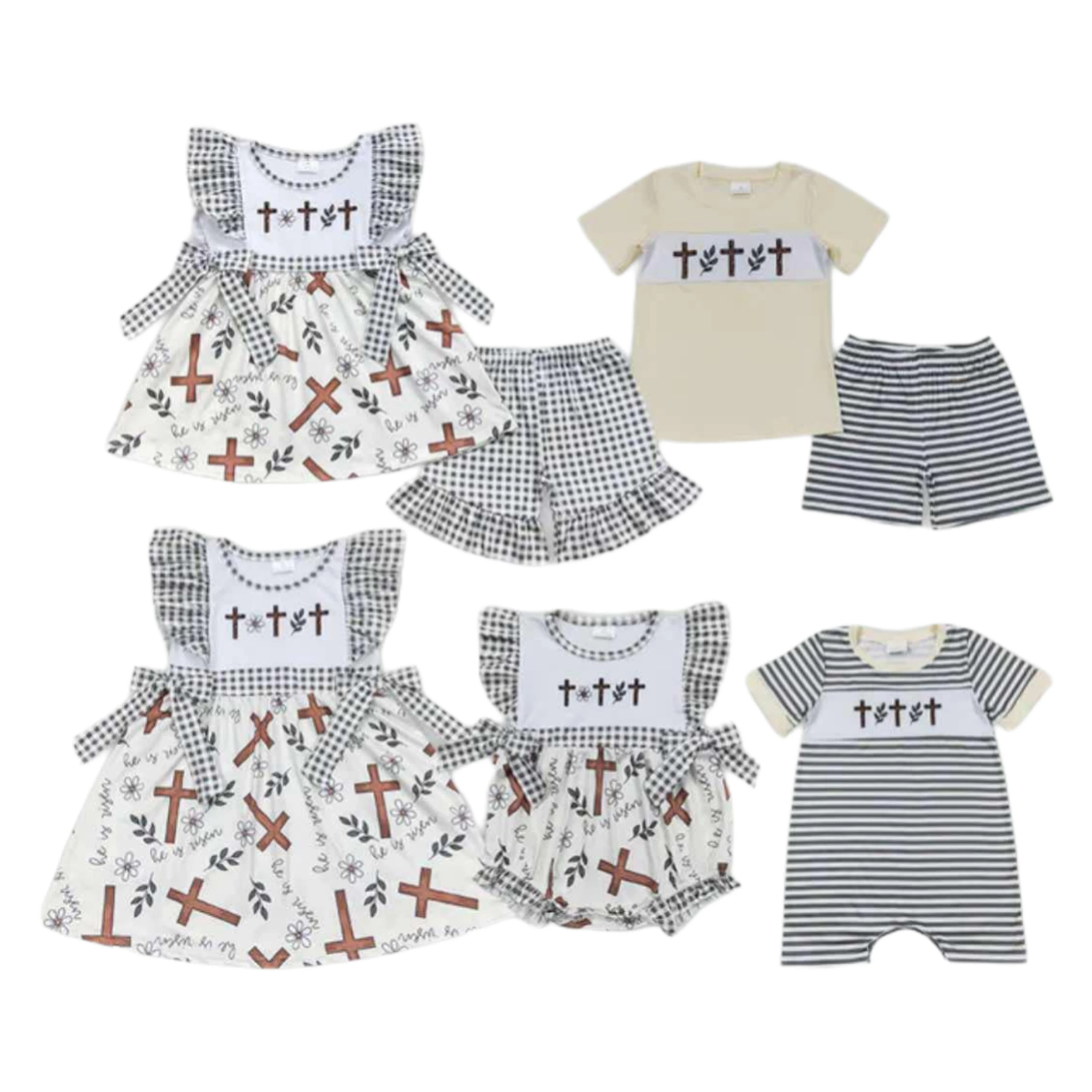 

New Fashion Kids Designer Clothes Girls Easter He Is Risen Cross Shorts Sets Boutique Sibling Clothing Romper Girls Boys Outfit