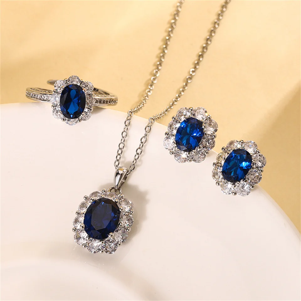 

New Blue Spinel Vintage Style Jewelry Set 8*10-6*8 Diamond Sapphire Ring Necklace Earring Set Stainless Steel Jewelry For Women