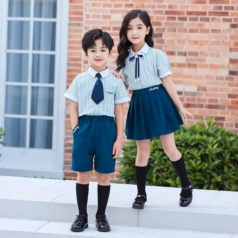 Uniforme de estudiante británico para escuela primaria, ropa de guardería, traje de verano, camisa, falda azul marino, pantalones cortos para niños y niñas