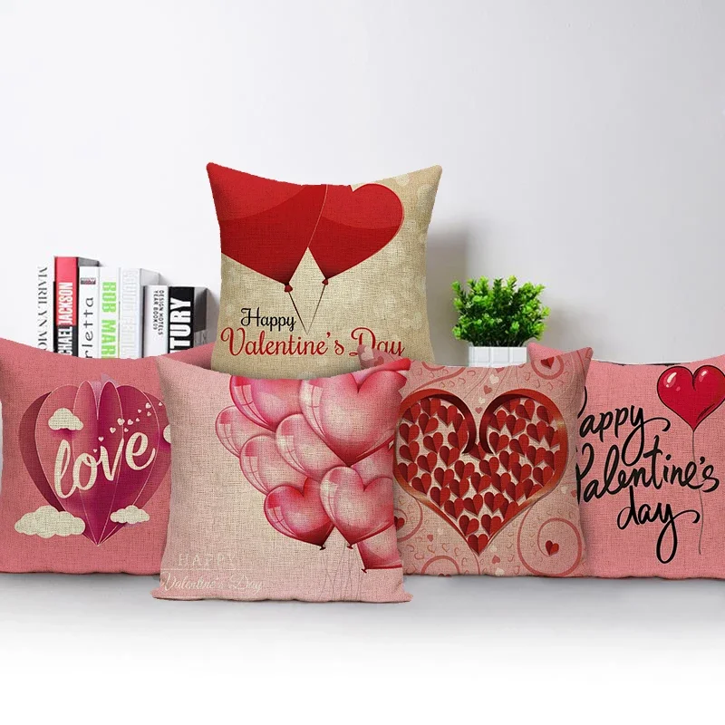 Happy Valentine's Day Cushion Covers Hearts Balloons Pillowcases for Sofa Car Decor Letter Print Throw Pillows Cover Home Decor