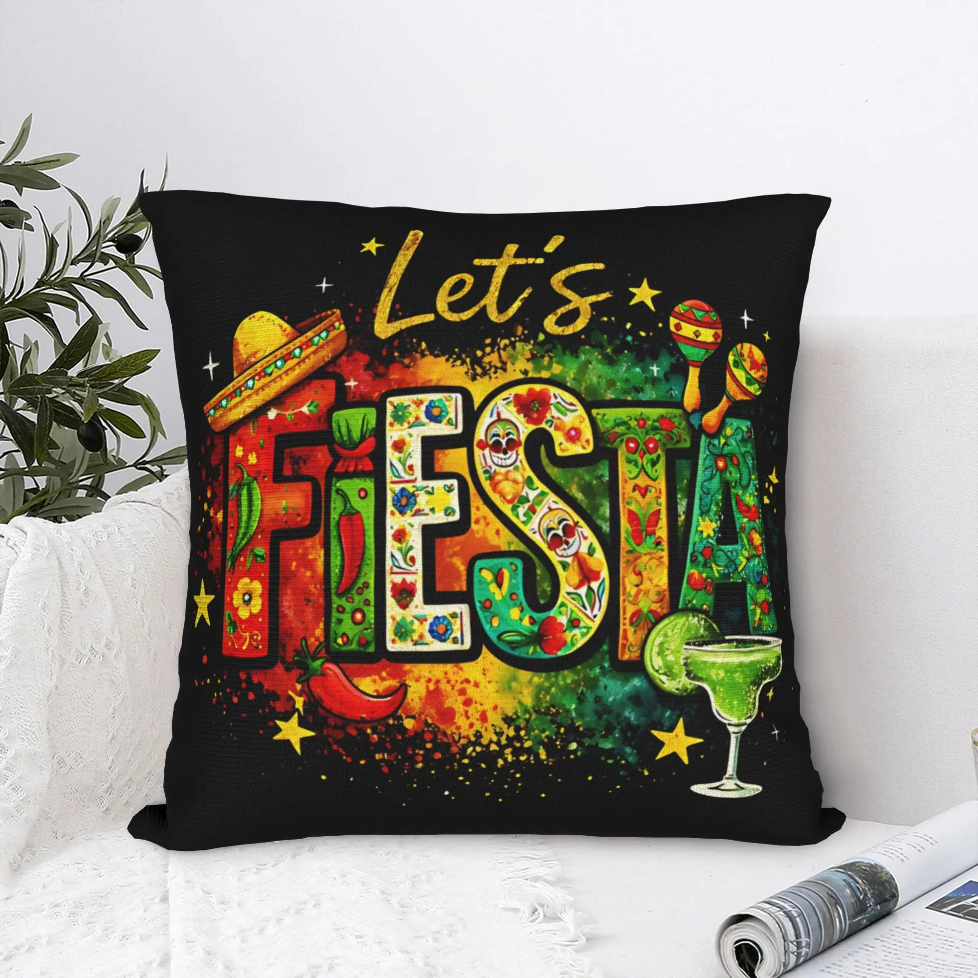 Let's FIESTA Party Printed Pillow Case Mexican Amigo Cinco De Mayo Sombrero Funny Pillow Cover Comfy For Living Room Chair