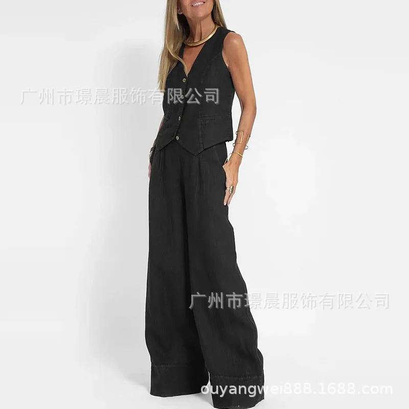 Summer Fashion Vest Two Piece Set Women Casual Button Sleeveless Vest Wide Leg Pants Two Piece Set Women