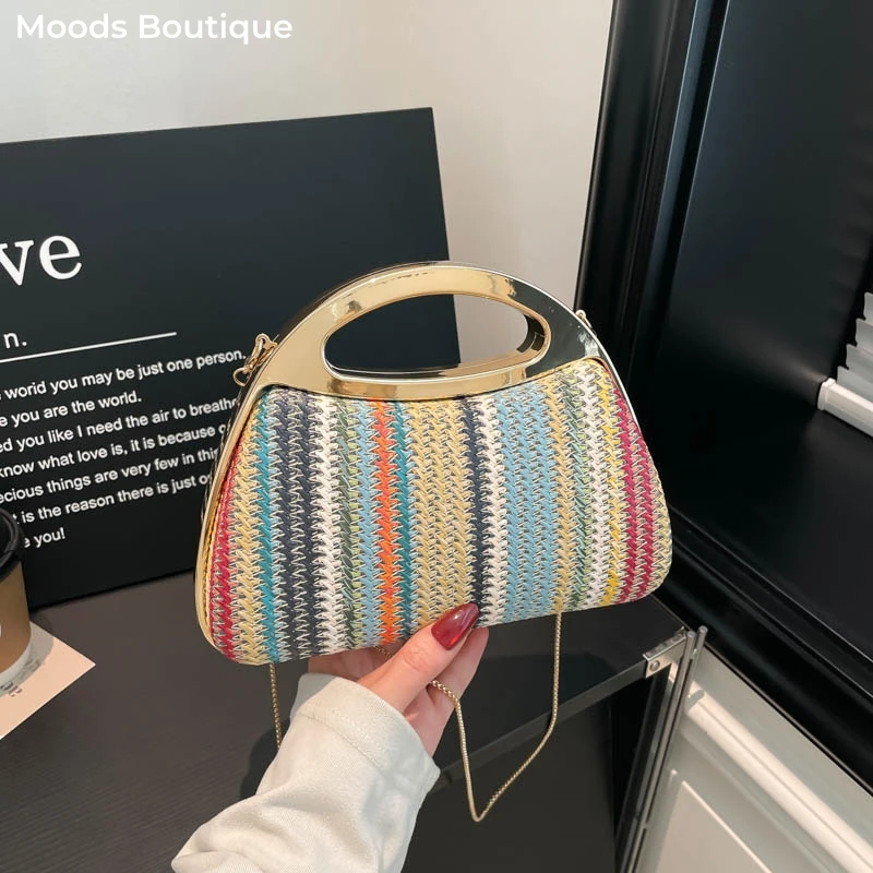 

клатч женский кошелек женский клатч женский вечерний Вязаная из соломки радужная вечерняя сумочка-клатч MOODS для женщин, роскошная дизайнерская сумка для свадьбы, ужина или вечеринки с золотой цепочкой