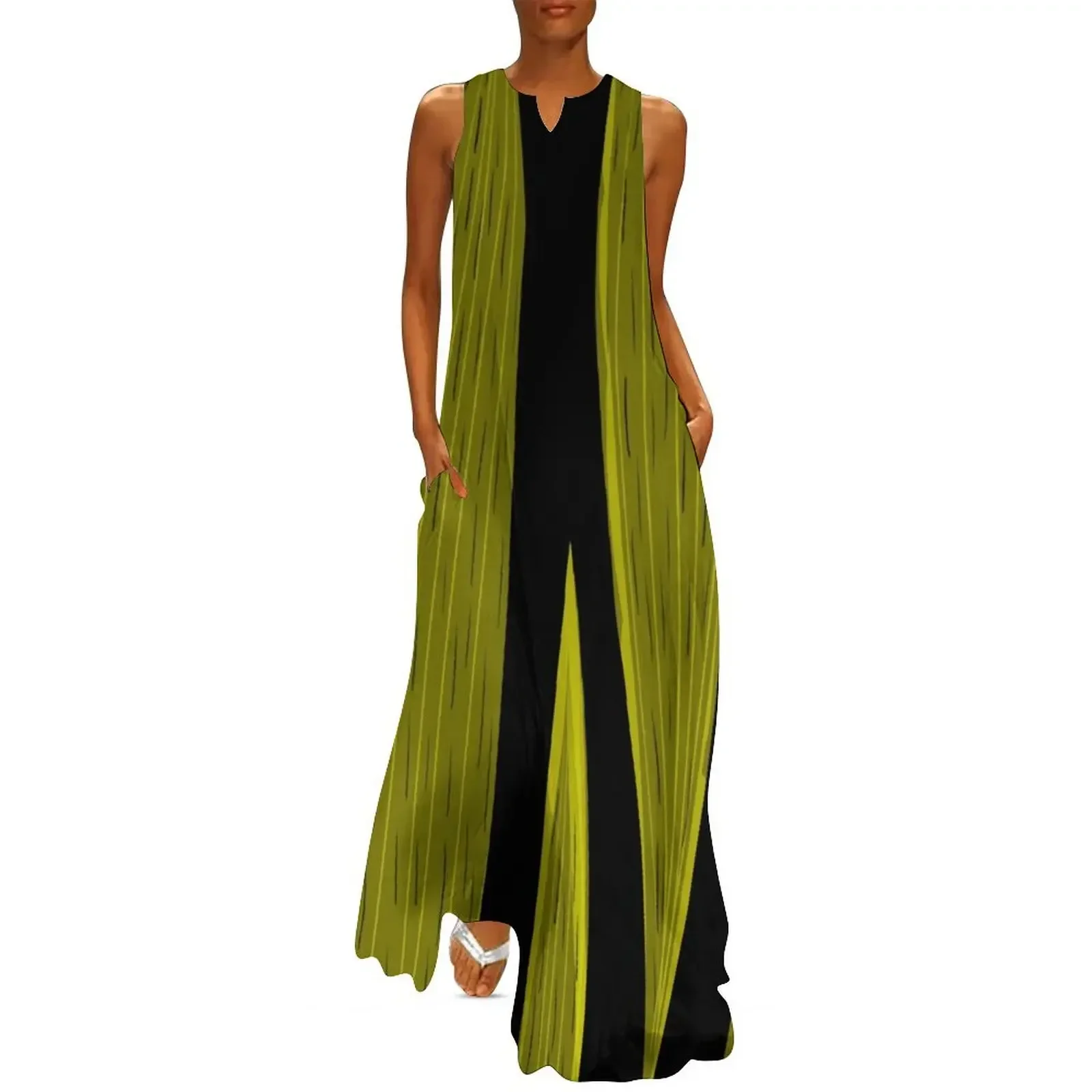 

Chartreuse Leaves on Black Long Dress women evening dress summer dress daily fairy summer