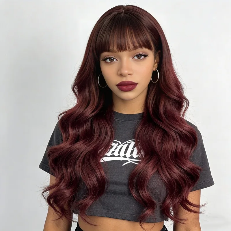 wigLady with bangs99Long wavy European and American style synthetic fiber full wig
