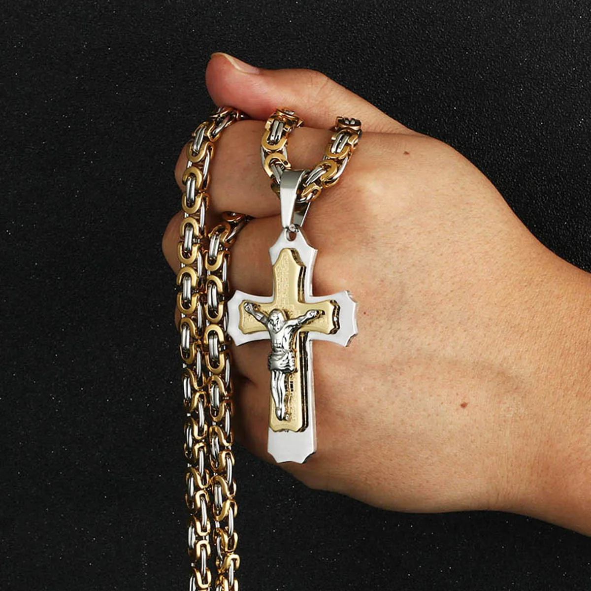 Holy Bible Crucifix Jesus Cross Pendent Necklace Men Stainless Steel Byzantine Chain Necklace Christian Lord's Prayer Jewelry