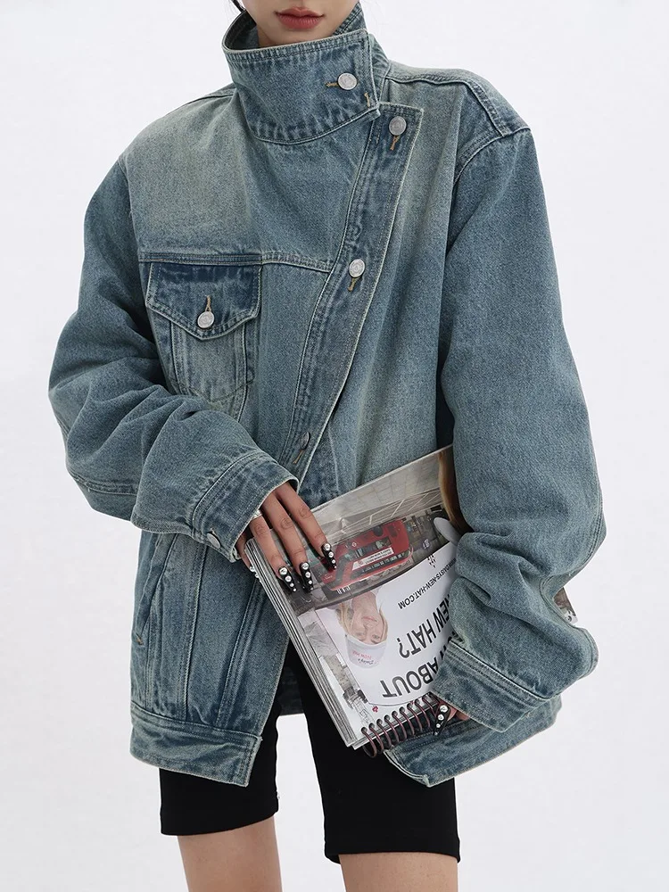 Women's Denim Coat Turtleneck Single Breasted Full Sleeve Patchwork Versatile Jacke Fashion Autumn Streetwear Denim Overcoat