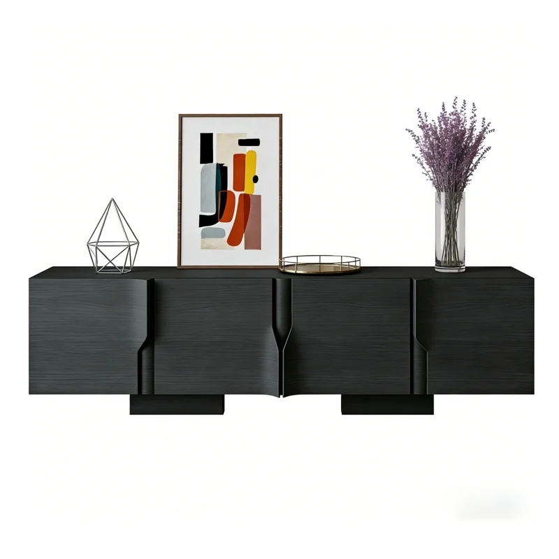 Retro Black Piano High Gloss TV Stand Mid-Century Living Room Large Storage Multi-functional Floor Media Console Cabinet