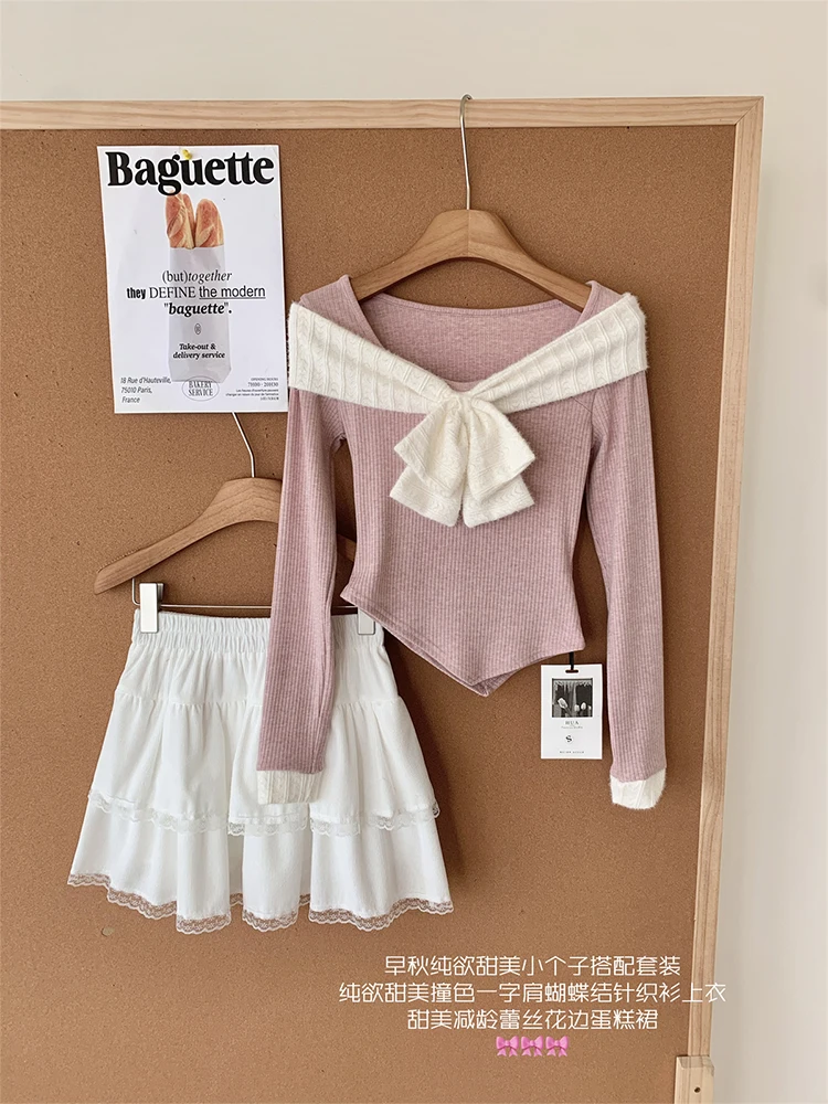 Winter Women Korean Fashion Ballet Core Shoujo Girl Outfits 2 Piece Set Long Sleeve Sweet Bow Crop Tops + Mini Skirt Coquette