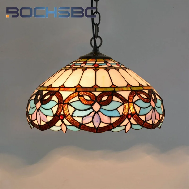 BOCHSBC Tiffany stained glass hanging light Mediterranean style Art Deco living room Dining Room Bedroom 16 inch chandelier