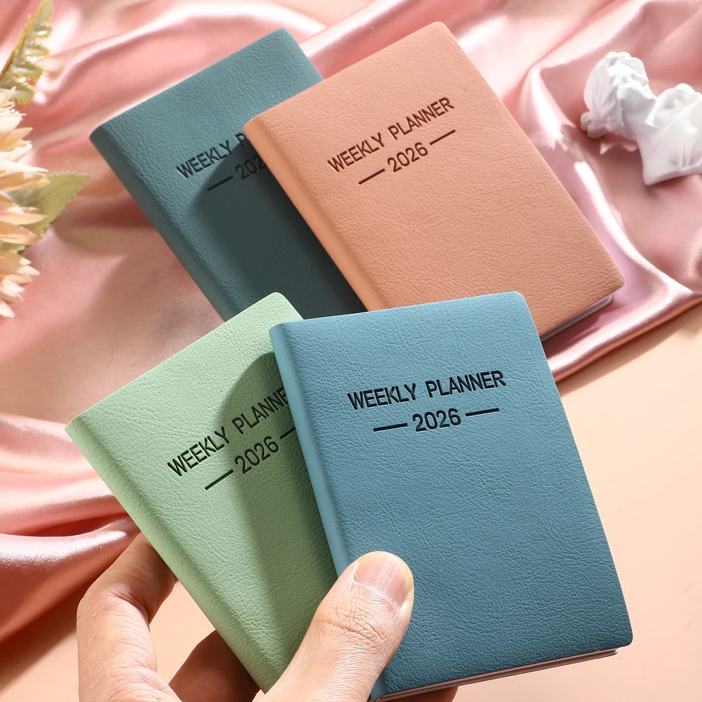 A7 Mini Pocket Planner Notebook, Morandi Color PU Leather Cover, 1Pc 64 Sheets Daily Weekly Schedule Organizer Book for Students