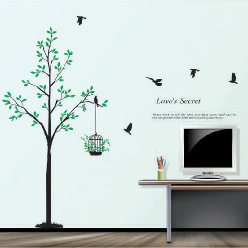 

Birdcage Flying Birds Wall Stickers PVC Green Leaves Plant Wall Decals For Living Room Baby Nursery Home Decoration Wallpaper