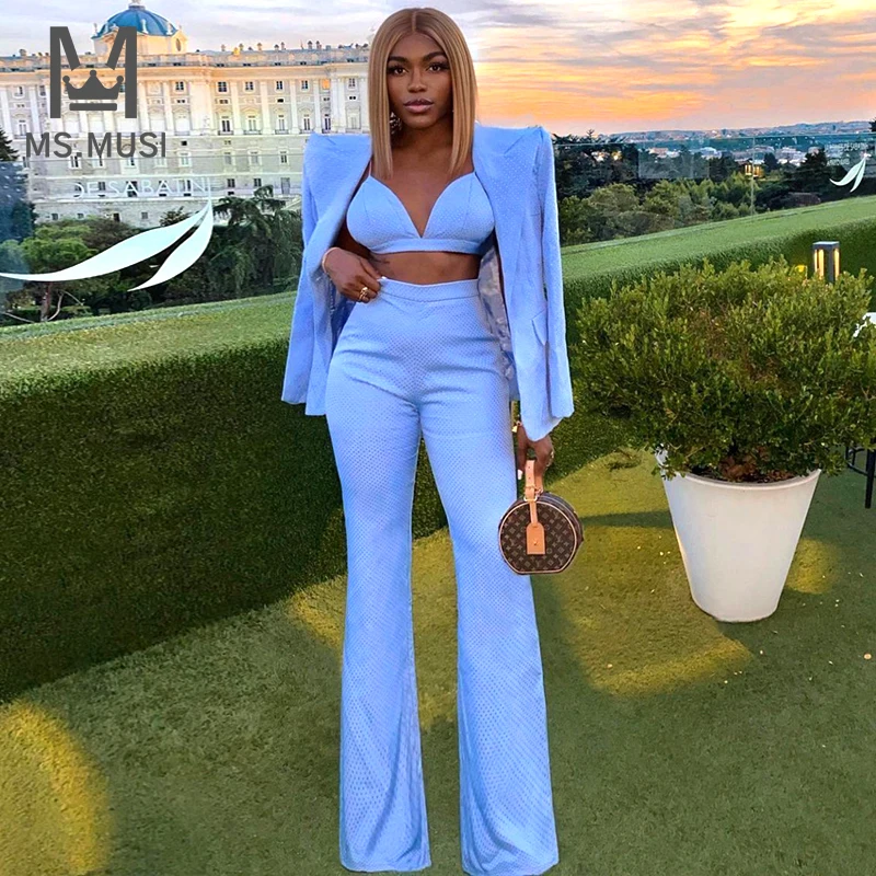 

MSMUSI 2023 New Fashion Women Sexy Crystal Three Piece Set Bodycon Party Long Sleeve Blazer Strap Top Flared Long Pant Set Suit