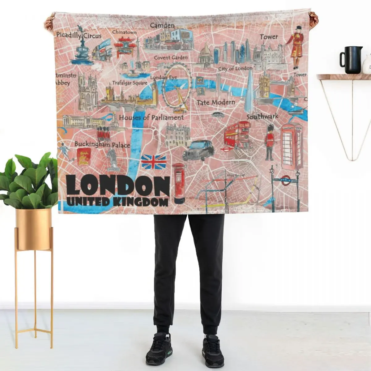 London UK Illustrated Map with Main Roads, Landmarks & Highlights Throw Blanket Soft Sofas Beautifuls Blankets