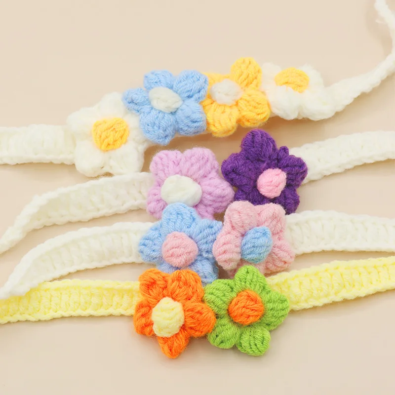 طوق الحيوانات الأليفة المنسوج يدويًا على شكل زهرة - وشاح محبوك قابل للتعديل للقطط والكلاب، إكسسوار عصري ولطيف #5
