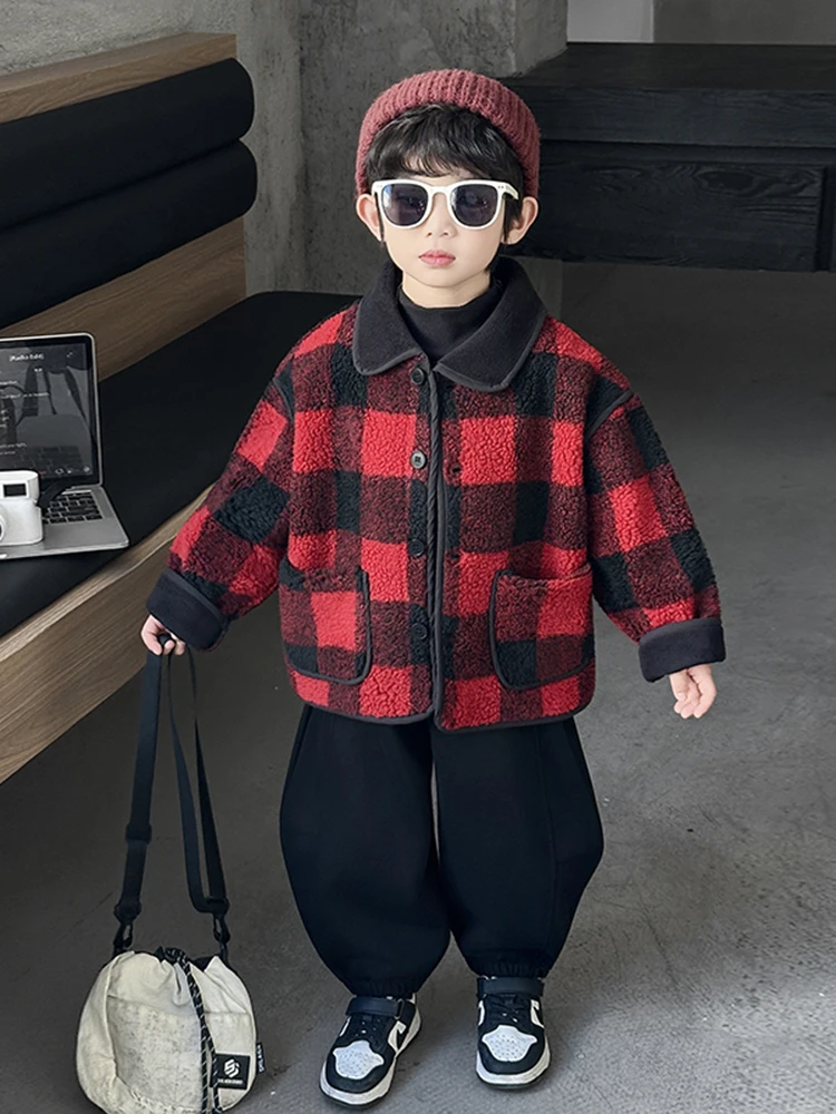 

Красная праздничная зимняя куртка в клетку для мальчиков, утепленная, с длинными рукавами, на пуговицах, теплая повседневная верхняя одежда
