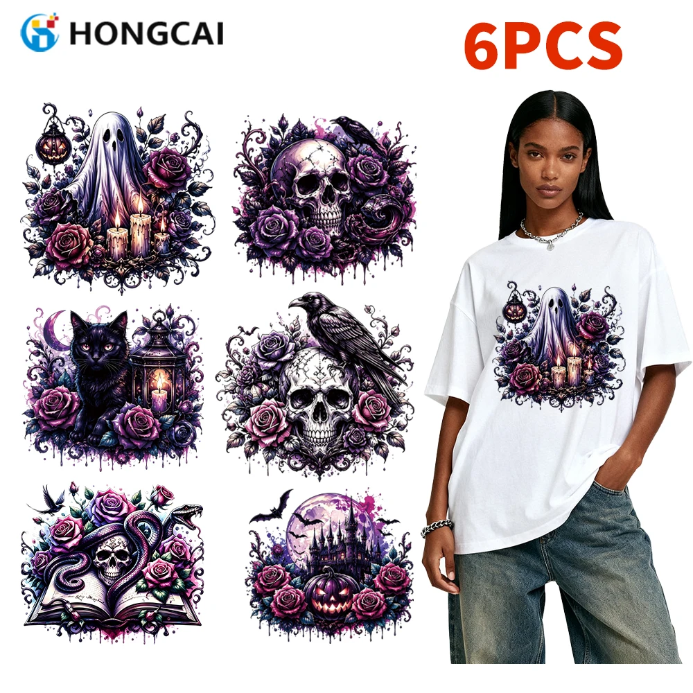 6Pcs Purple-Black Skull Rose Heat Transfer Stickers, Anti-Friction for Daily Wear, Biker Jacket & Canvas Messenger Bag