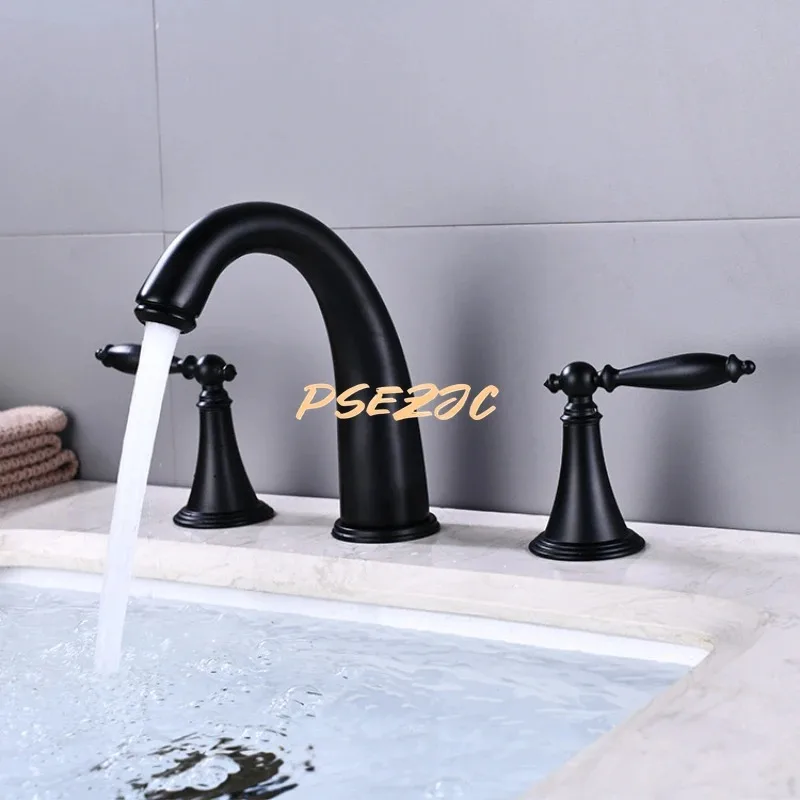 3pcs/set of Black Vintage Brass Cold and Hot Nordic Style Basin Faucet with Double Handle and Three Hole Split Faucet