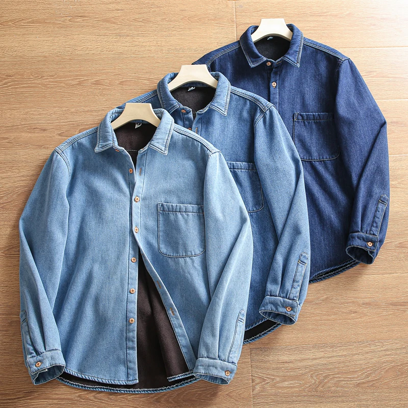 

Мужская джинсовая рубашка с флисовой подкладкой, длинным рукавом, ветрозащитная, теплая, повседневная, осенне-зимняя, приталенного кроя, с воротником-стойкой, цветная