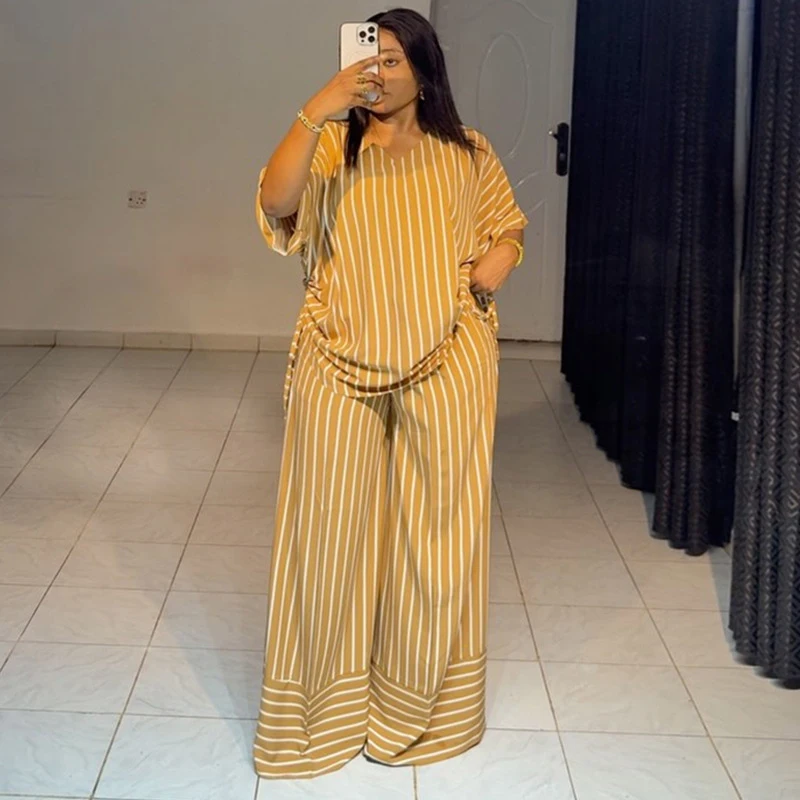Afrikanische Mode Sommer Gestreiften Druck 2-teiliges Set Frauen V-ausschnitt Kurzarm Top + Breite Bein Hosen Spiel Urlaub Strand streetwear