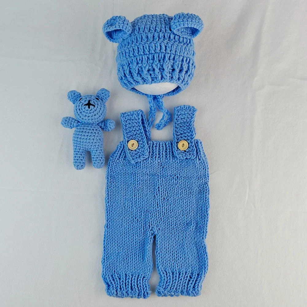 3pcs Newborn Photography Outfit Hand-woven Shorts Hat Bear Doll Suit Bunny Cartoon Cap Romper New Born Baby Boy Girl Clothing