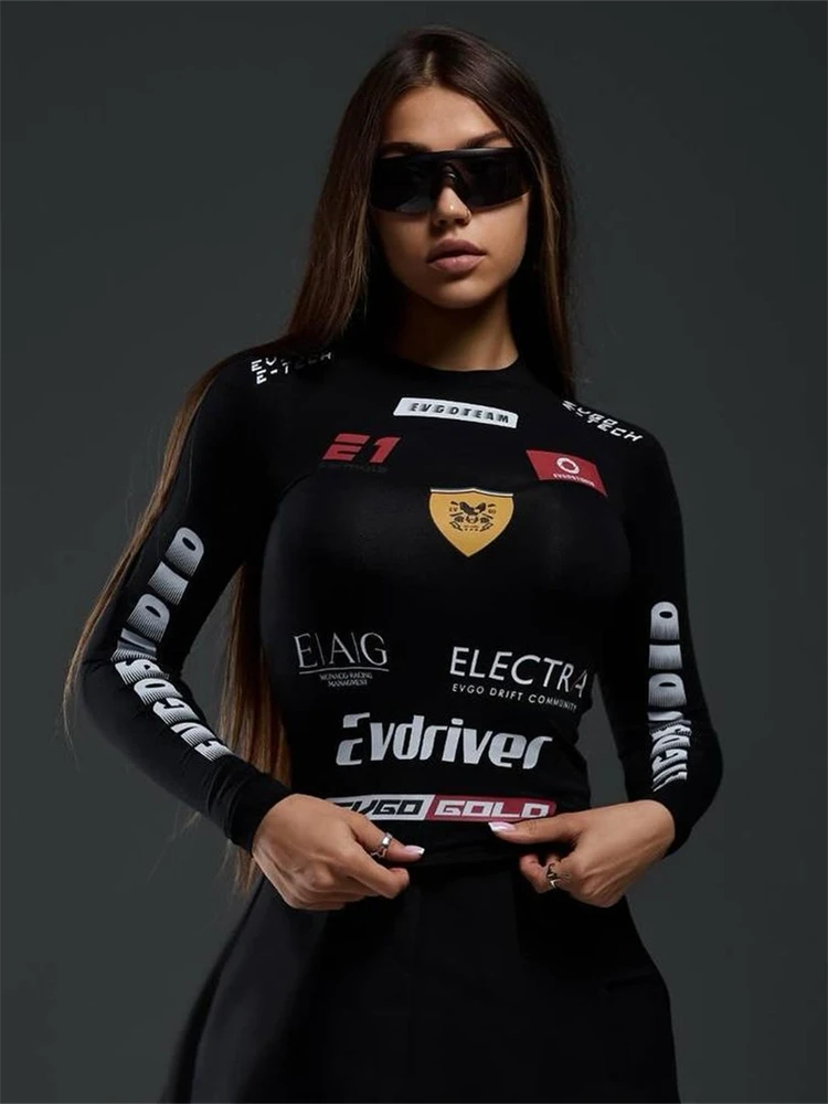 Aualay Winter Motor Style Letter Print Cyber T-shirts Streetwear Outfit Women 2024 Speed Racer Long Sleeve Crop Tops Techwear