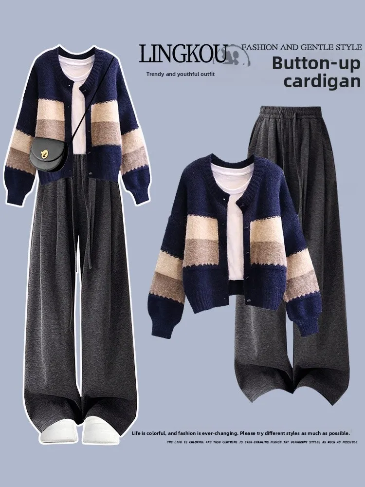 plus Size Autumn Casual Knitted Cardigan Sweater Outerwear High Waist Slimming Wide Leg Pants Two Piece Set Women's Fashion