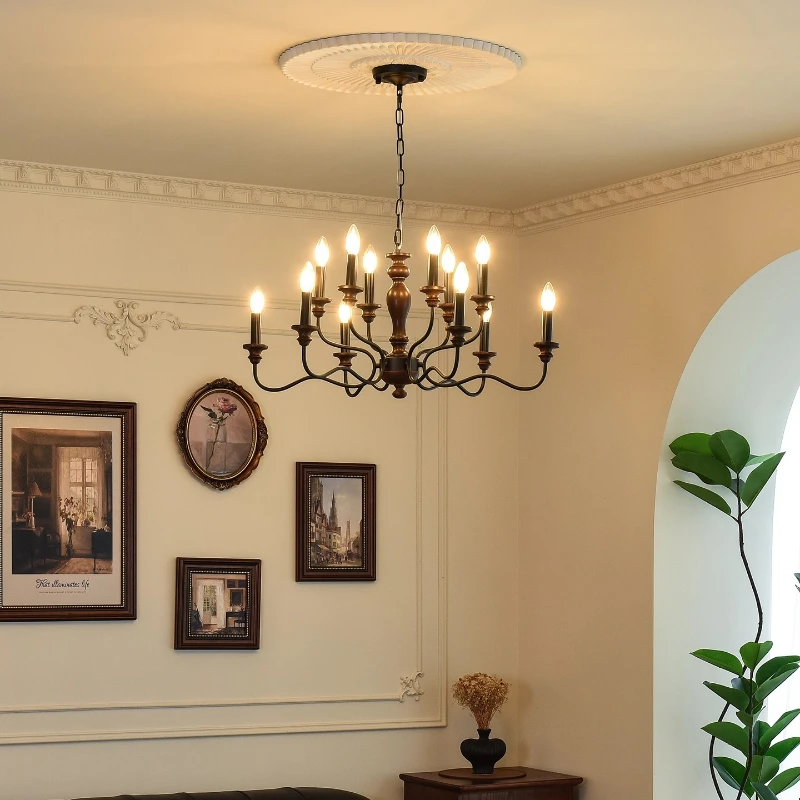 

American Wooden LED Ceiling Chandeliers Black Candle Hanging Lamp Living Room Bedroom Restaurant Kitchen Iron Art Pendant Lights