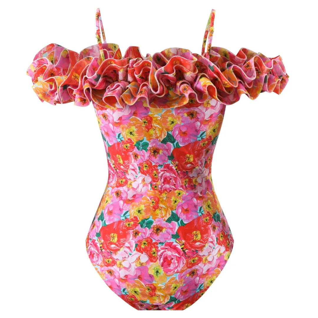 Floral impresso fora do ombro plissado swimwear com capa, conjunto de biquíni sexy, maiô de luxo, praia bodysuit, Monokini, 2022