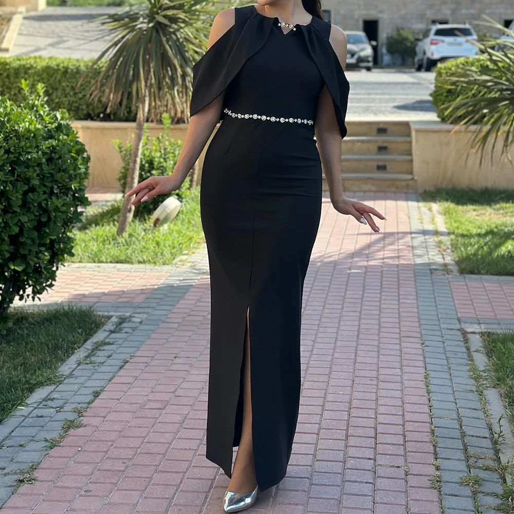 

Customized Black Straight Evening Dresses Ankle-length O-neck Sleeveless Prom Gown Simple Fashion Crystal Casual Party Gown