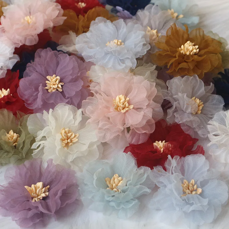 10Pcs 5CM Wrinkle Chiffon Fabric Cored Flowers For DIY Hair Accessories Hats Headband Wedding Dress Decoration