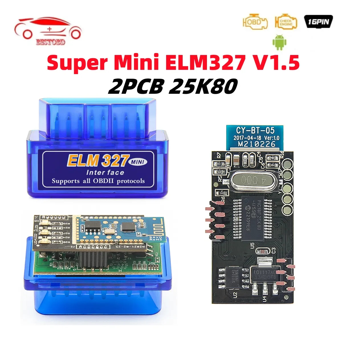 ELM327 V1.5 OBD2 Bluetooth2.0 PIC18F25K80 Auto Scanner For Android Code Reader OBD 2 OBD2 elm 327 V1 5 Car Diagnostic Tool