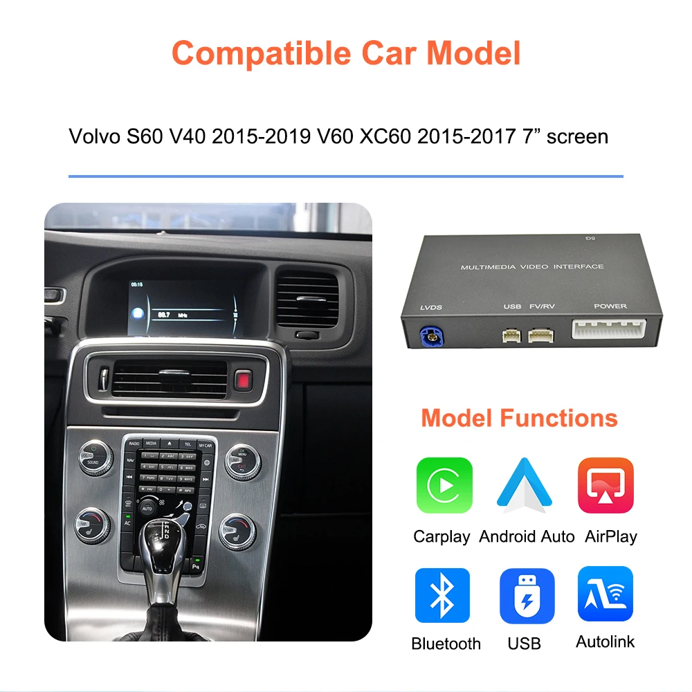 Bonroad Wireless CarPlay Android Auto OEM-Bildschirm-Upgrade-Decoder-Box für Volvo XC60 V60 V40 S60 2015-2019 mit 7-Zoll-Bildschirm Airplay – Detail 4